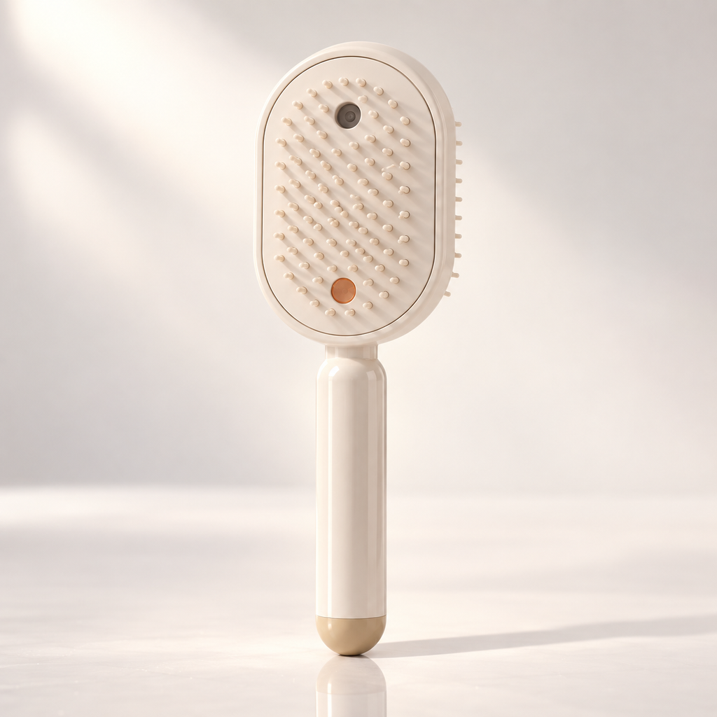 Glowmane electric spa massage comb on a neutral beige backdrop