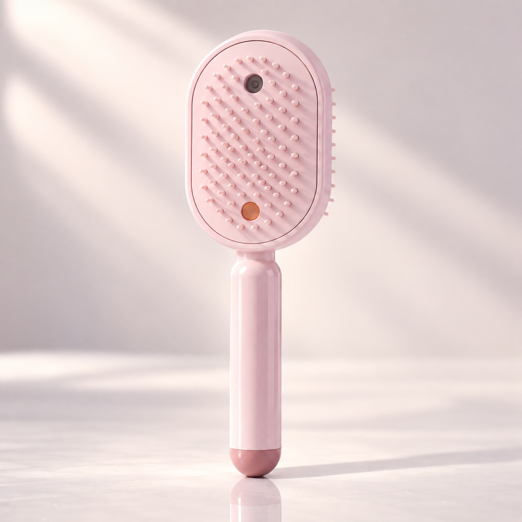 Glowmane electric spa massage comb standing upright on a marble surface
