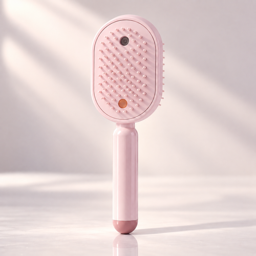 Glowmane electric spa massage comb standing upright on a marble surface