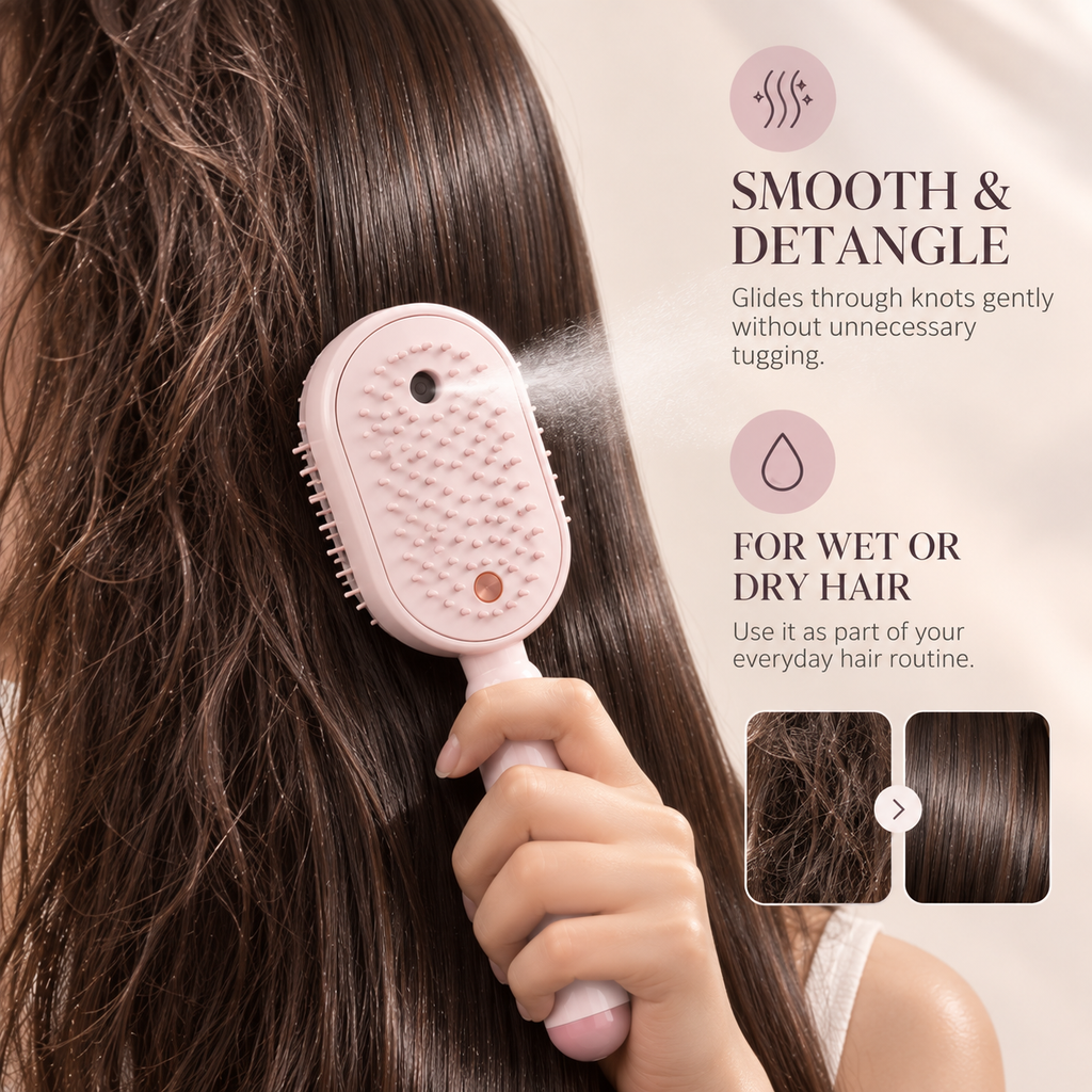 Glowmane massage comb resting on a bathroom counter beside folded towels