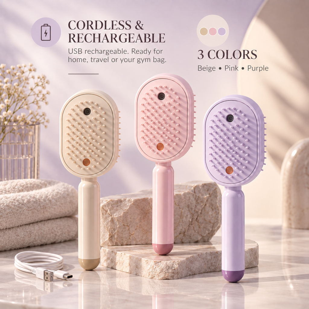 Glowmane hydrating mist hair brush shown at an angle in soft daylight